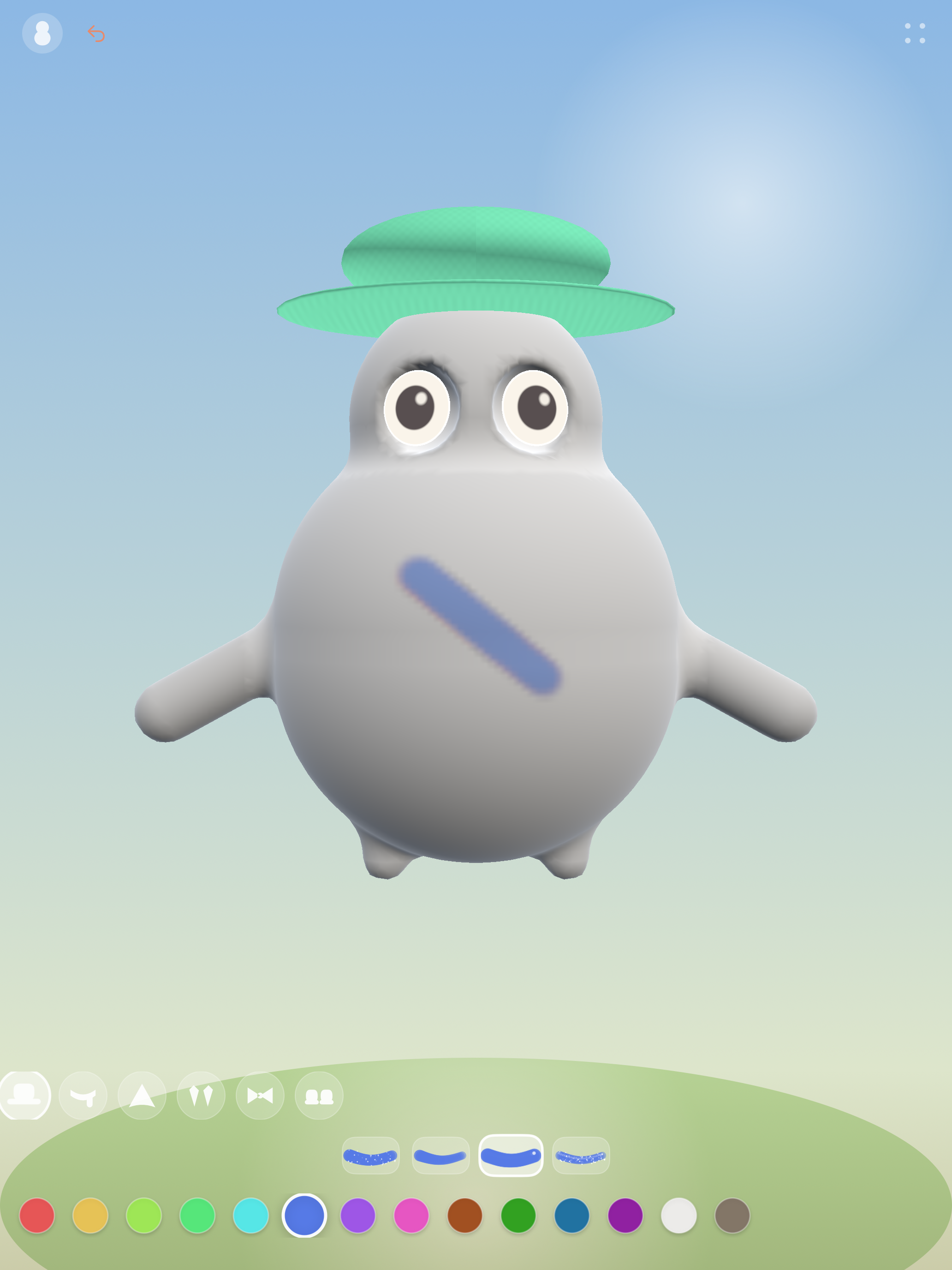 Bisque on iPad with a green hat, painted creature and all 14 colours visible in the palette.