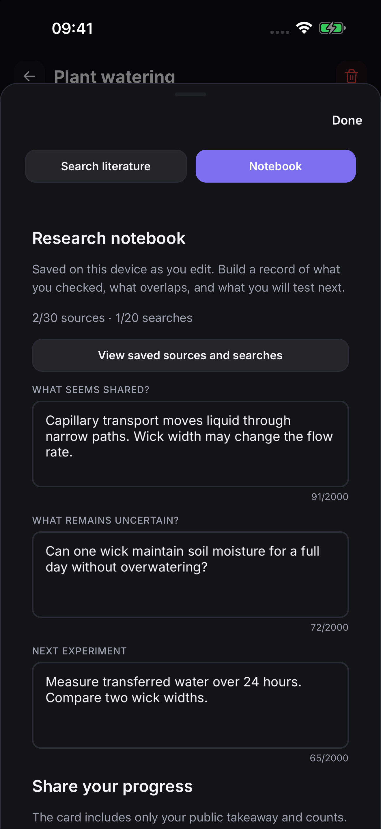 A research notebook recording a shared mechanism, an open question and a measurable next experiment.