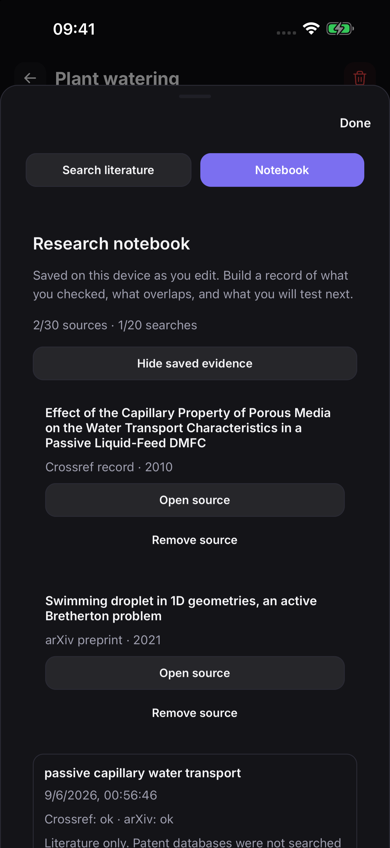 Saved Crossref and arXiv sources with the date and scope of the original search.