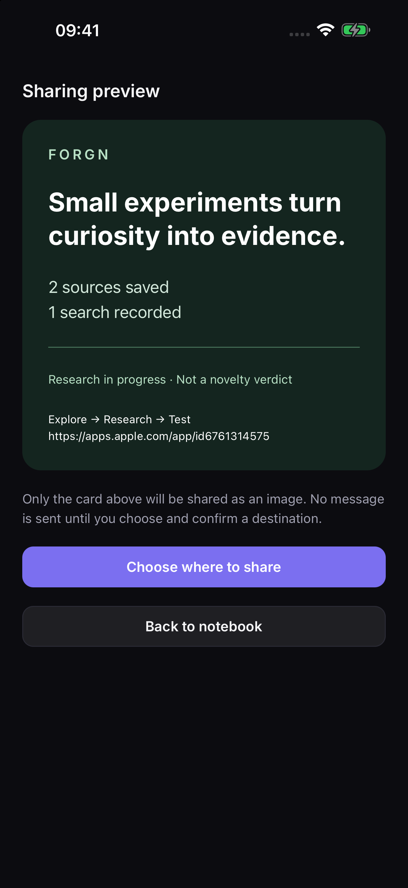 A sharing preview containing a public takeaway and counts, without private project notes.
